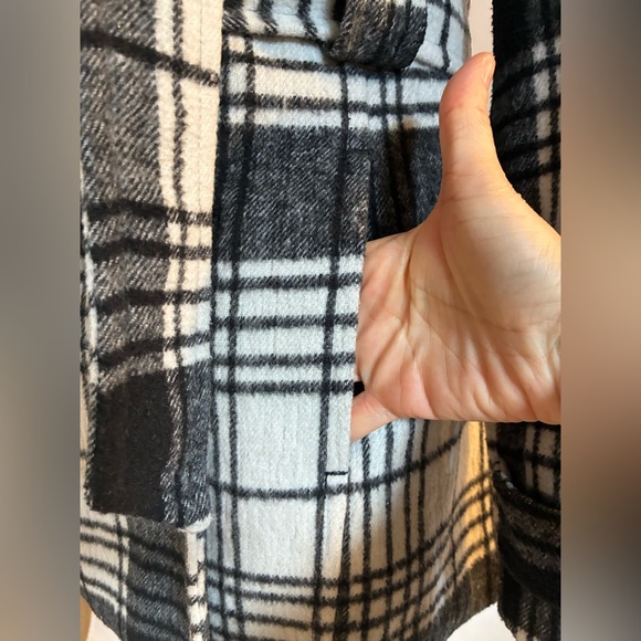 JouJou black & white plaid double breasted belted wool blend winter peacoat Sz L - Picture 6 of 16